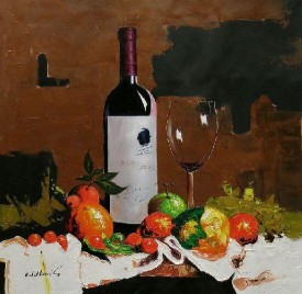 红酒和水果_油画_欧式油画_欧式餐厅油画_装饰画