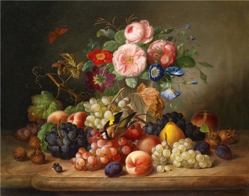 插在花瓶里的鲜花和水果_油画_油画_手绘_手绘油画_装饰画