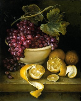 白色碗里的葡萄和柠檬_油画_欧式油画_欧式餐厅油画 