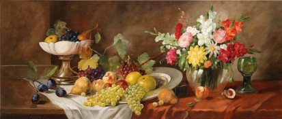 花瓶和彩色的杯子与水果_油画_欧式油画_欧式餐厅油画
