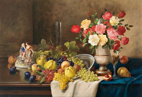 水果和花卉的静物_油画_欧式油画_欧式餐厅油画_装饰画