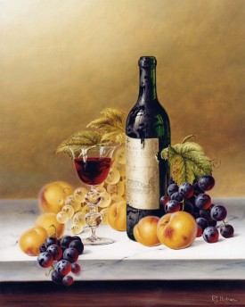 大理石台上的红葡萄酒和水果_油画_欧式油画_欧式餐厅油画