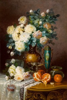 白玫瑰和橙子_油画_欧式油画_欧式餐厅油画_装饰画