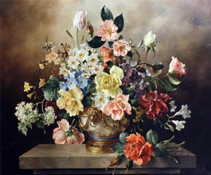 多种鲜花的花瓶_油画_欧式油画_欧式餐厅油画_装饰画