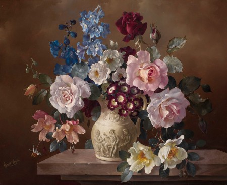 一壶玫瑰等混合的鲜花_欧式油画_手绘油画_欧式_装饰画