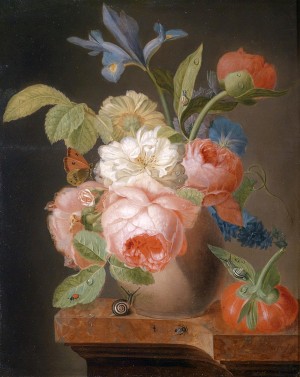 玫瑰，罂粟花，鸢尾，香豌豆花和蜗牛_油画_欧式油画_欧式餐厅油画