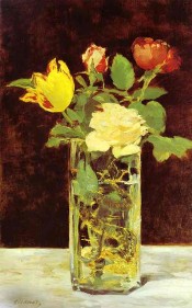 花瓶里的玫瑰和郁金香_油画_欧式油画_欧式餐厅油画_装饰画
