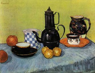 蓝色珐琅咖啡壶陶器和水果 油画 欧式油画 欧式餐厅油画 装饰画