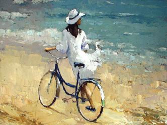 女孩和自行车 油画 油画 客厅 现代 装饰画