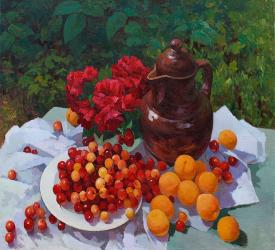 甜樱桃和杏 油画 油画 手绘 手绘油画 装饰画