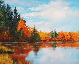 秋天的湖面 油画 油画 手绘 手绘油画 装饰画