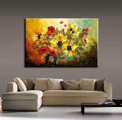罂粟和向日葵 油画 无框画 油画 手绘 油画 客厅 装饰画