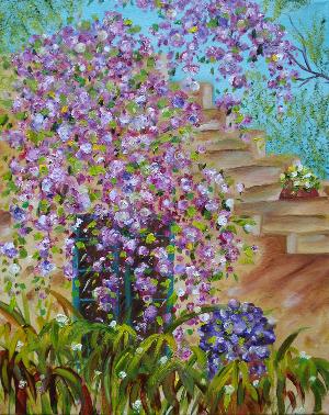 楼梯两边的花丛 油画 油画 手绘 手绘油画 装饰画
