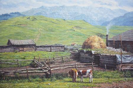 天山脚下的牧场 油画 油画 手绘 手绘油画 原创 装饰画