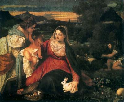 圣母和孩子旁边有凯瑟琳和兔子_油画_欧式油画_装饰画