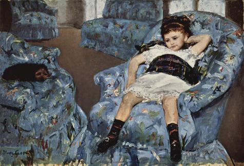 蓝色沙发上的小女孩_油画_欧式油画_欧式人物油画_装饰画