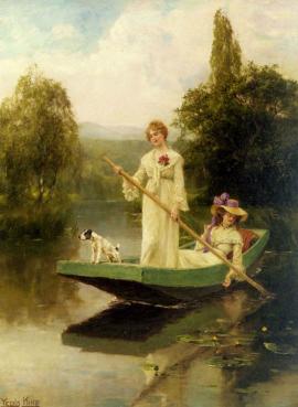 两位女士在河上划船_油画_欧式油画_欧式风景油画_装饰画