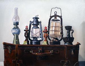 行李箱上的煤油灯 油画 油画 手绘 油画 客厅 装饰画
