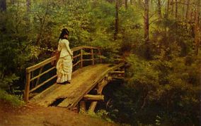一个女人站在桥上油画