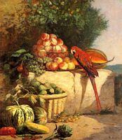 水果、蔬菜和一只鹦鹉